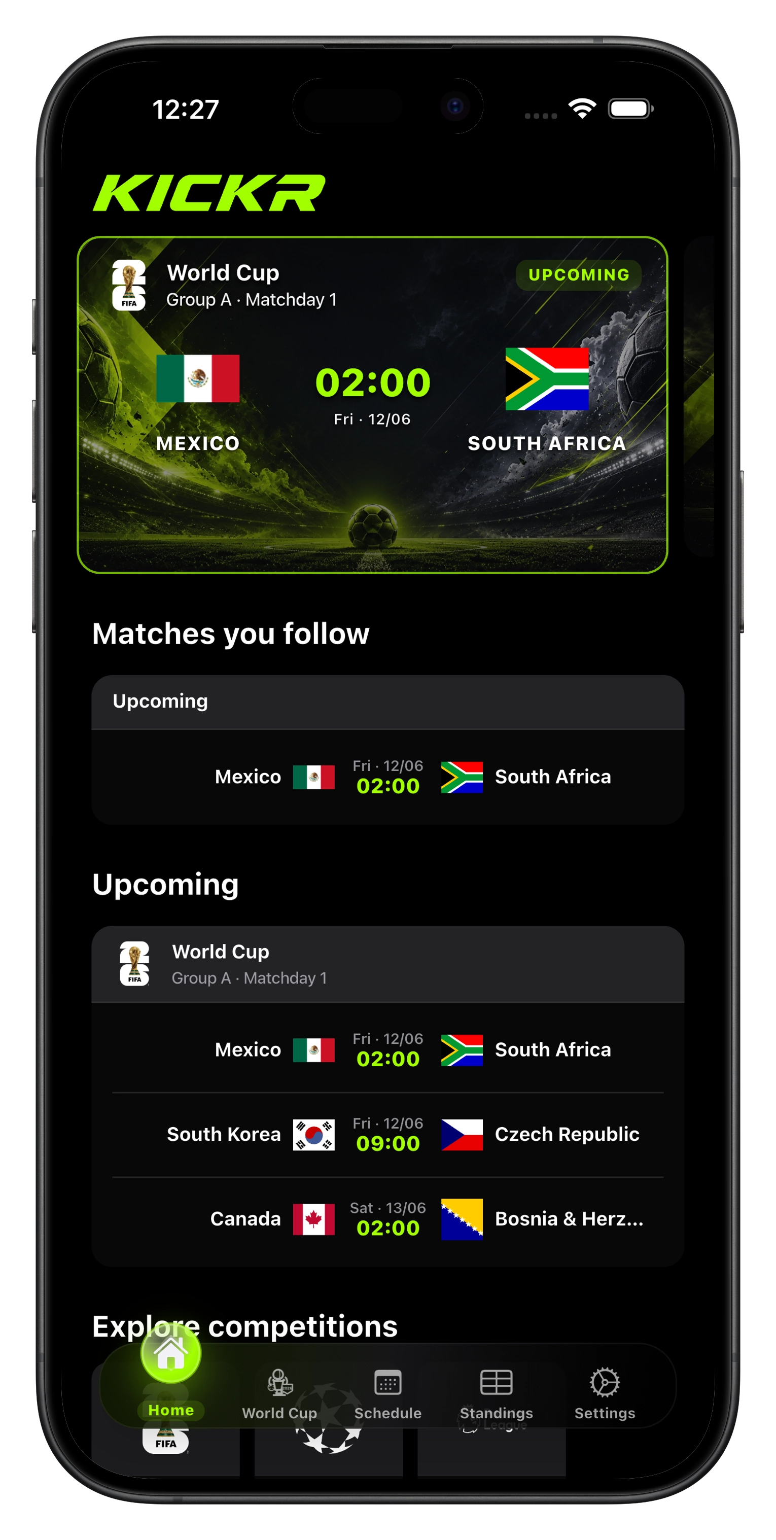 Kickr app home screen on iPhone